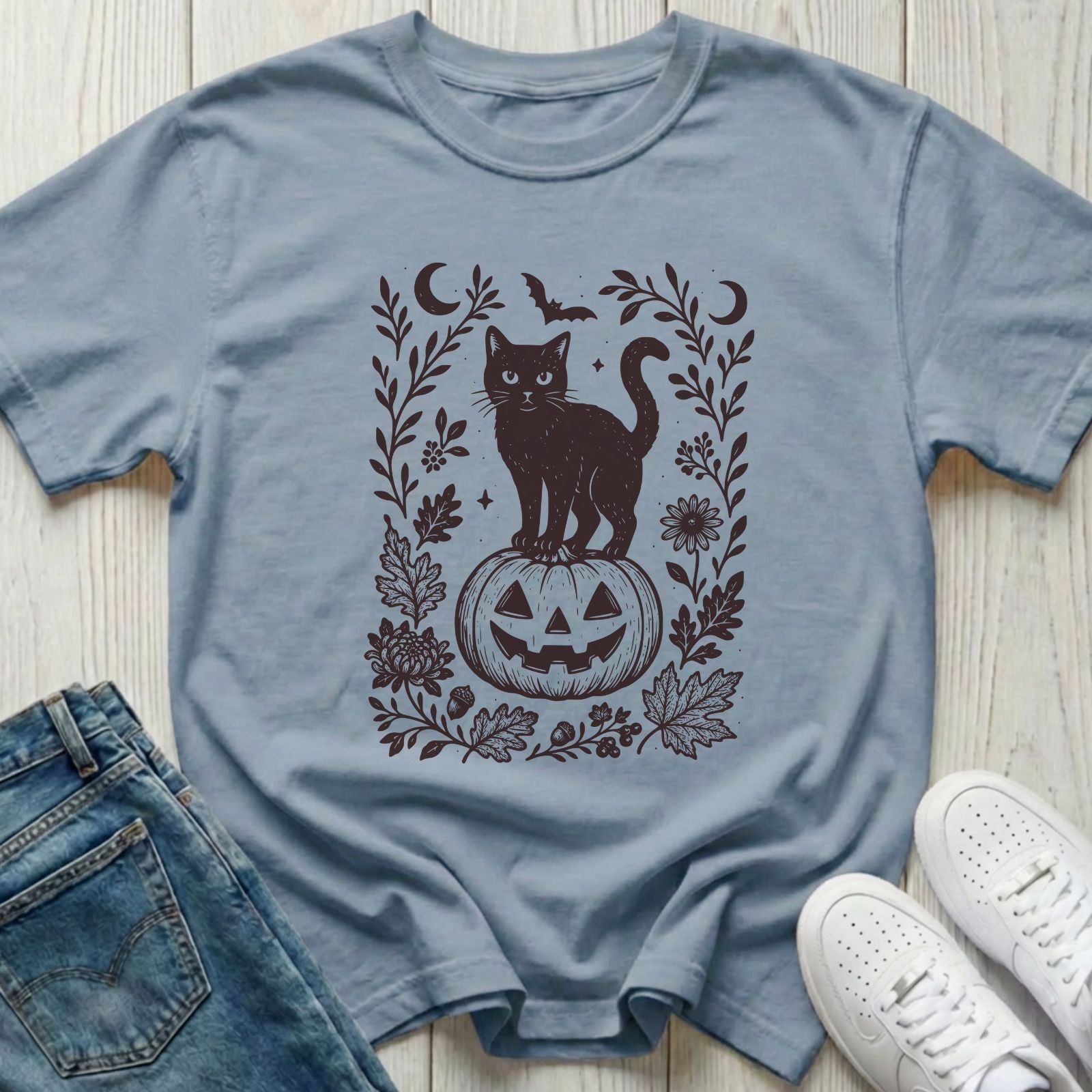 Black Cat on Pumpkin Halloween T-shirt