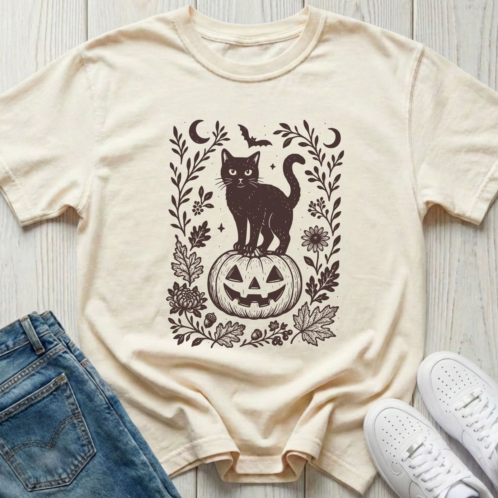 Black Cat on Pumpkin Halloween T-shirt