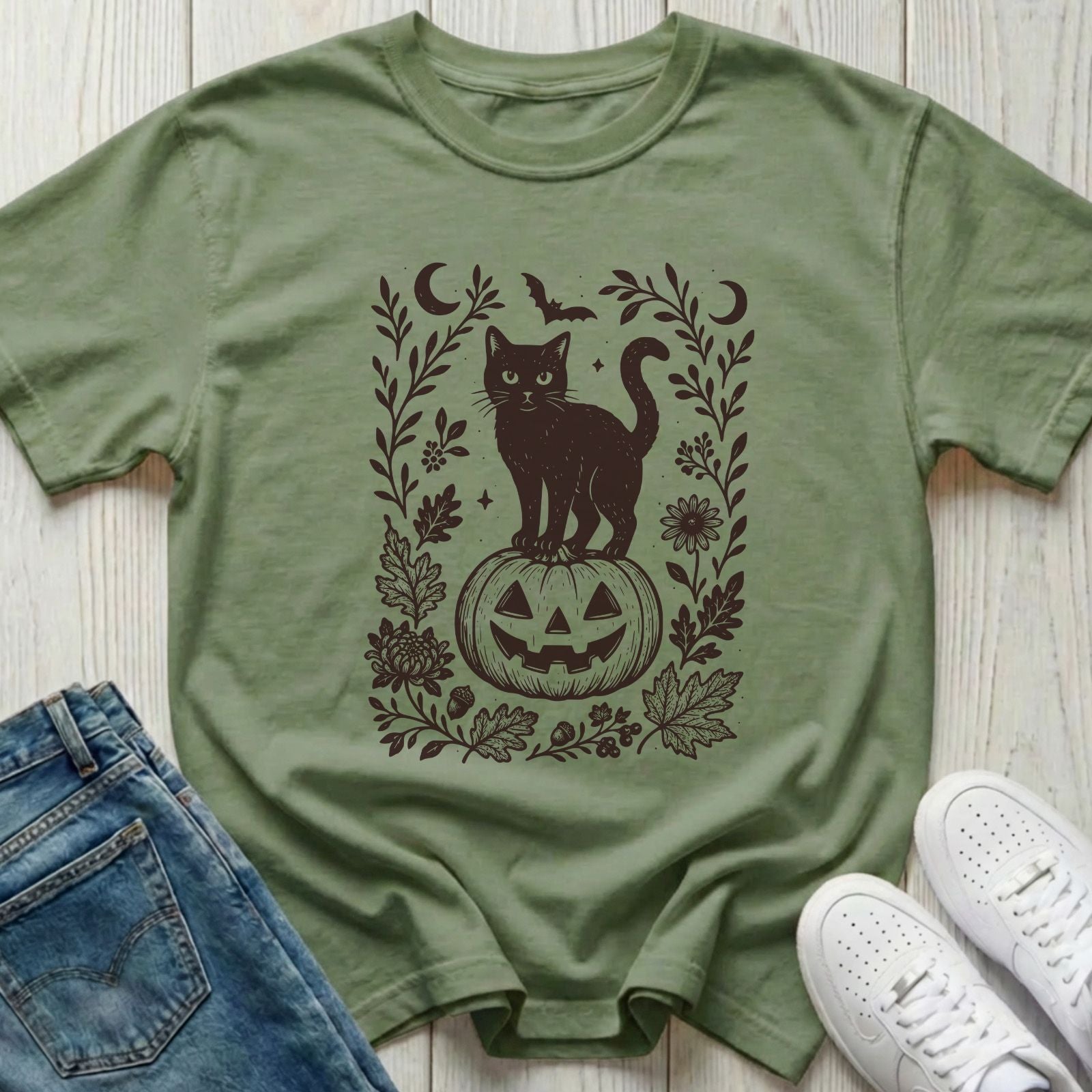 Black Cat on Pumpkin Halloween T-shirt