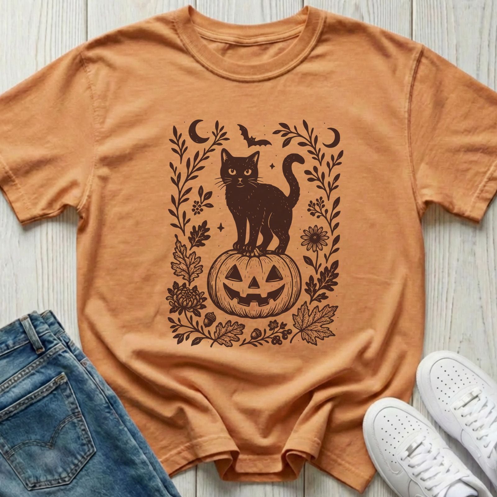 Black Cat on Pumpkin Halloween T-shirt