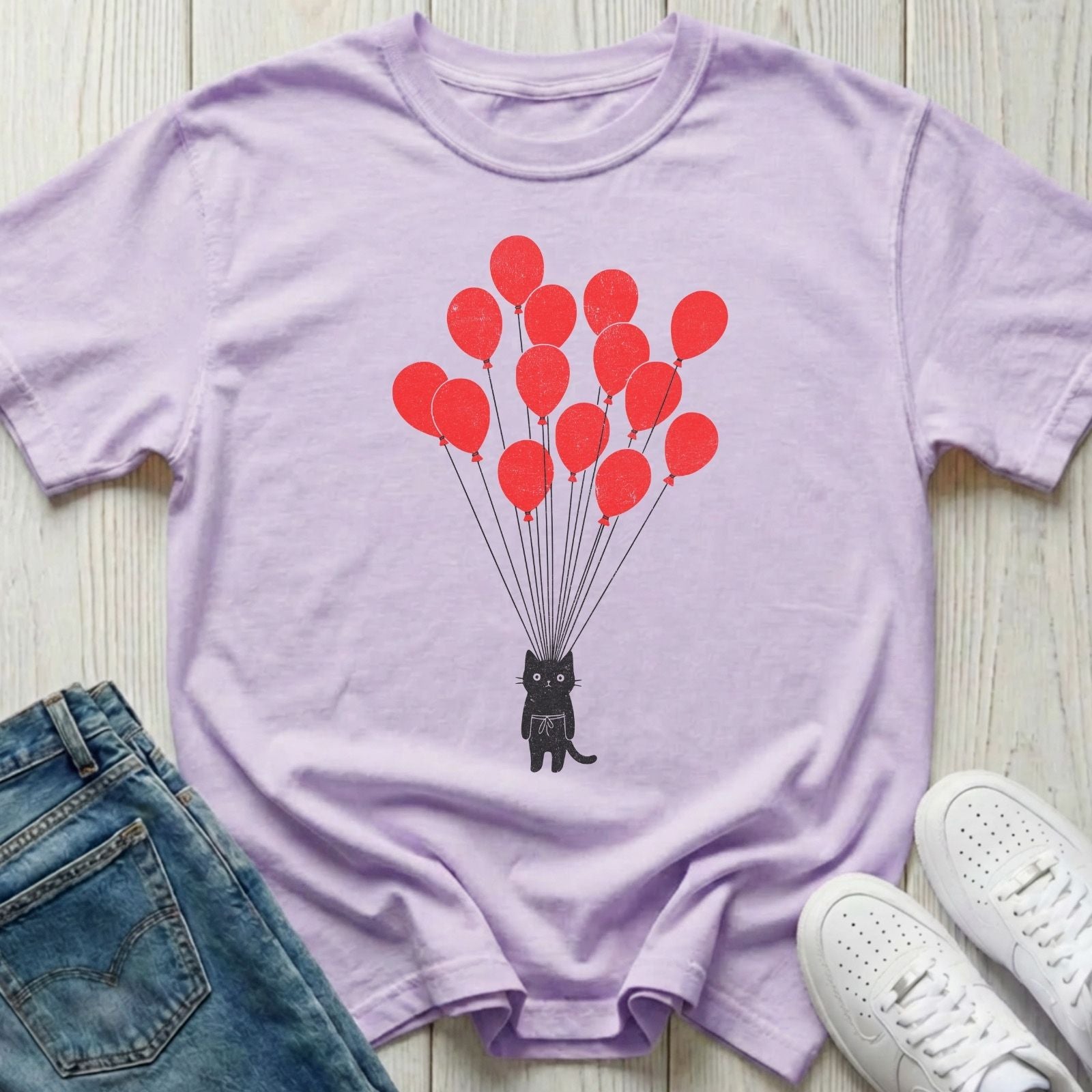 Black Cat with Balloons T-shirt