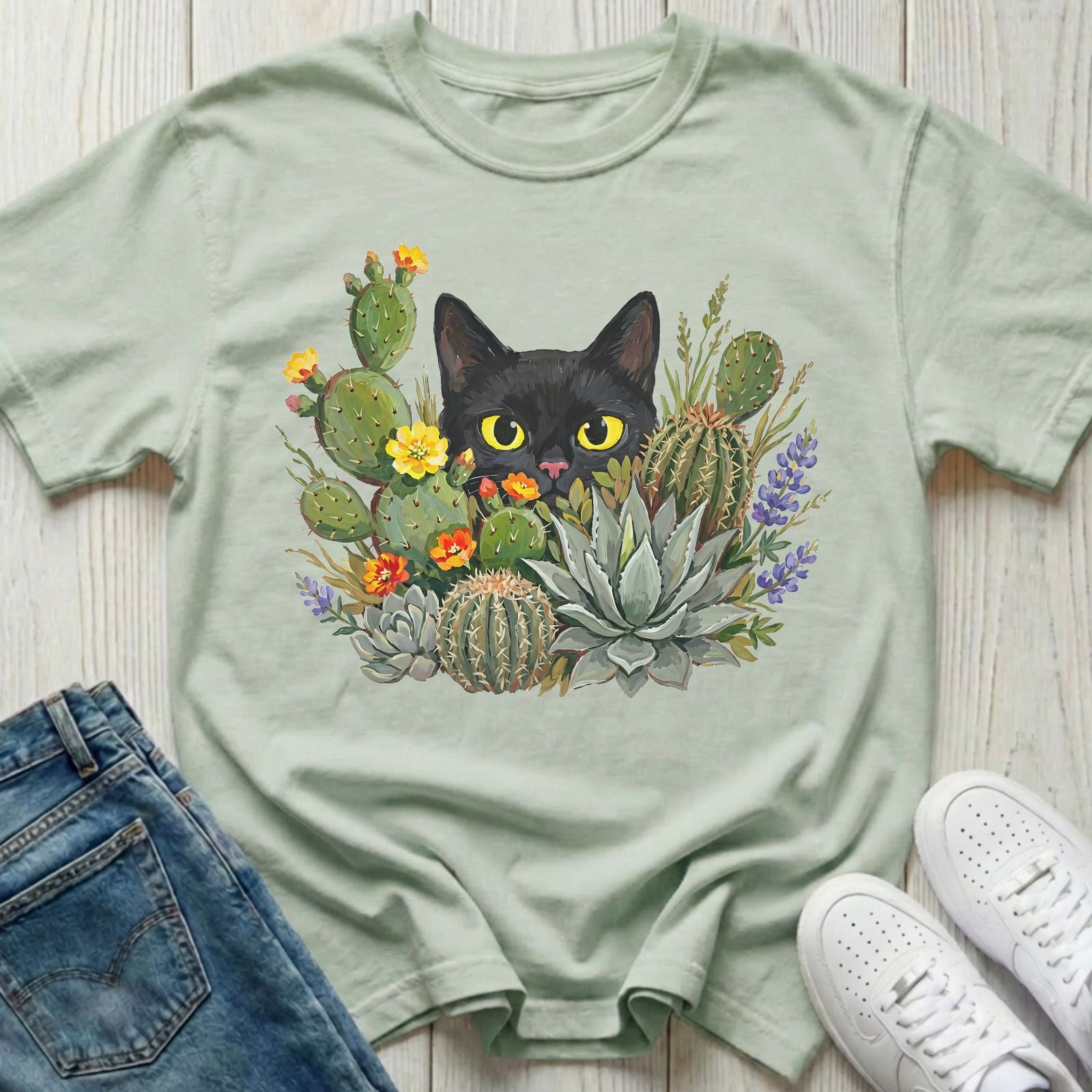 Black Cat with Desert Plants T-shirt