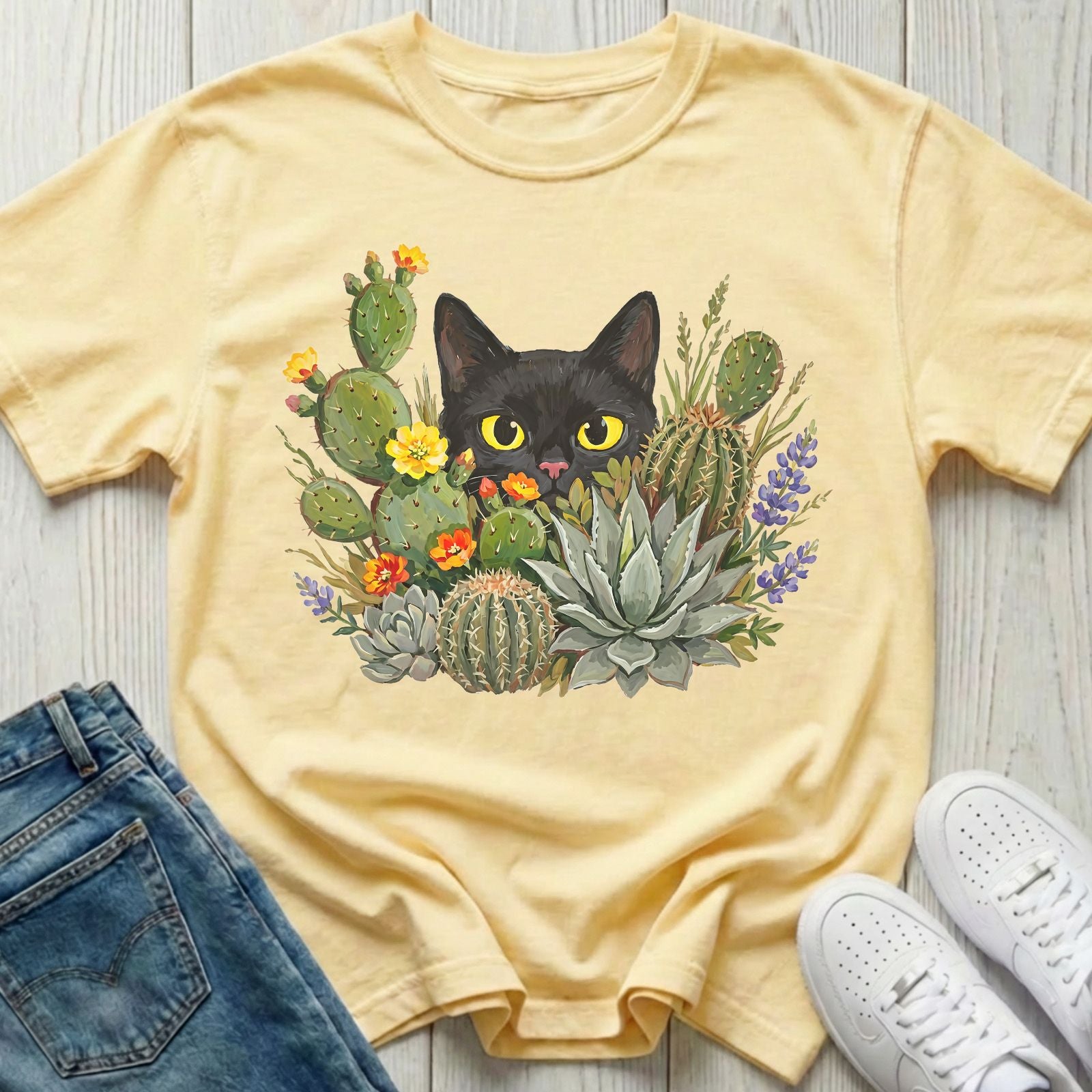 Black Cat with Desert Plants T-shirt