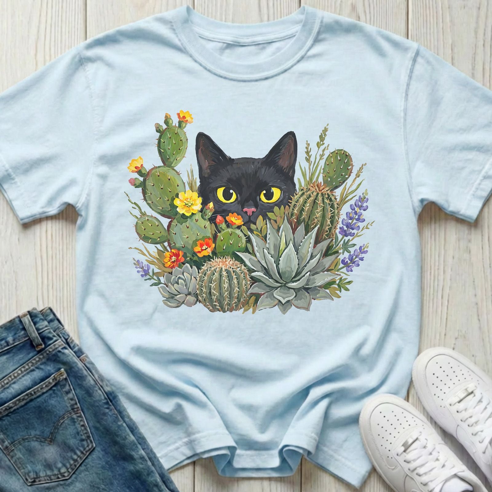 Black Cat with Desert Plants T-shirt