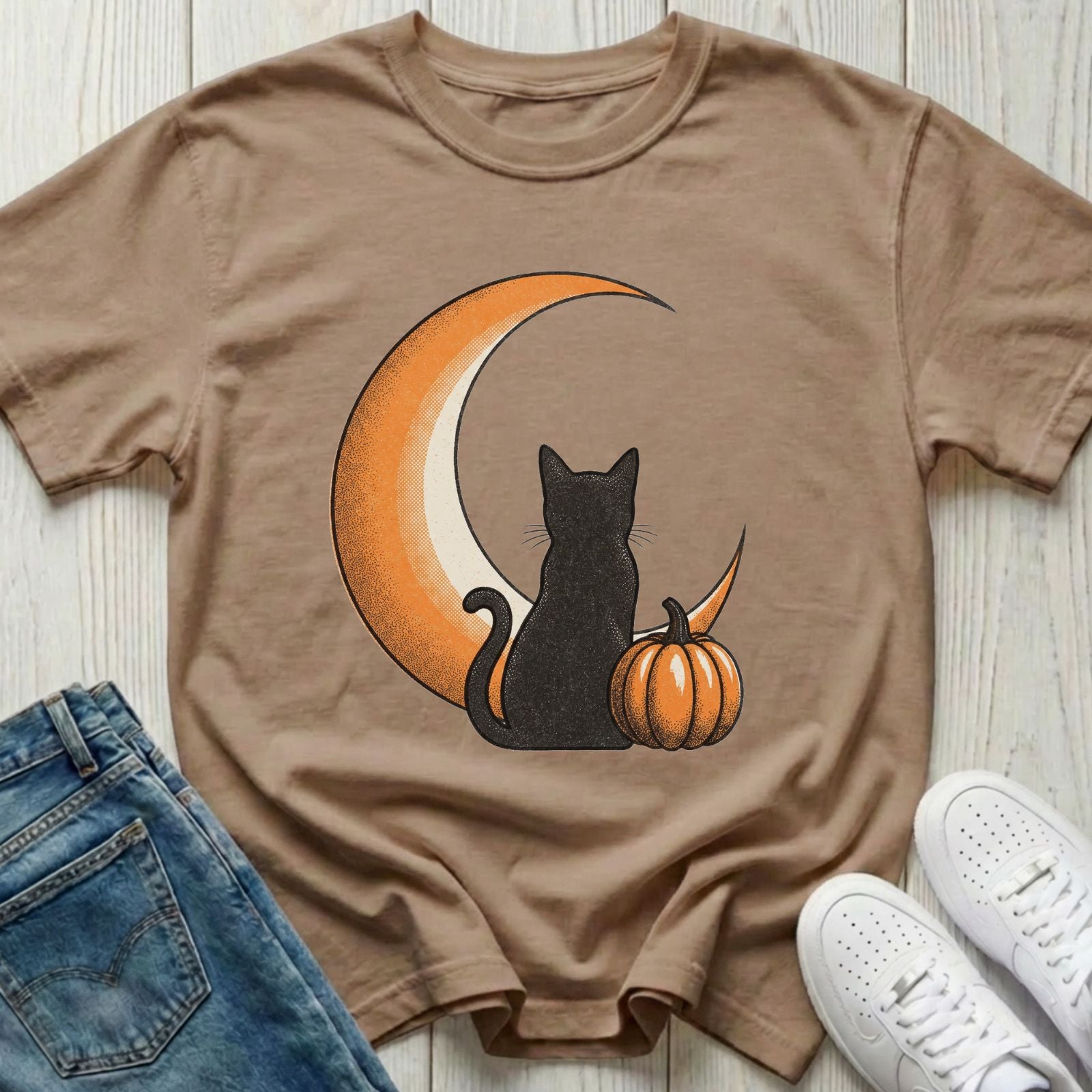 Black Cat with Pumpkin and Moon T-shirt