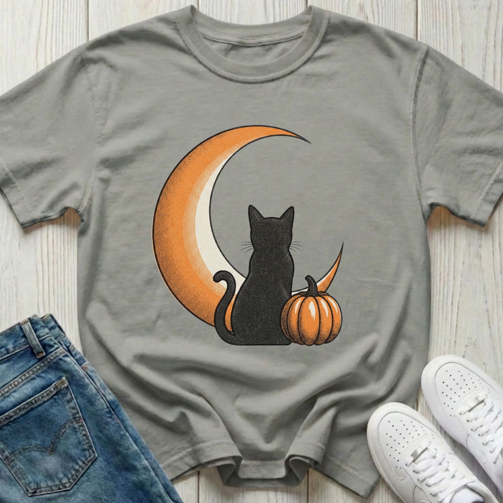 Black Cat with Pumpkin and Moon T-shirt