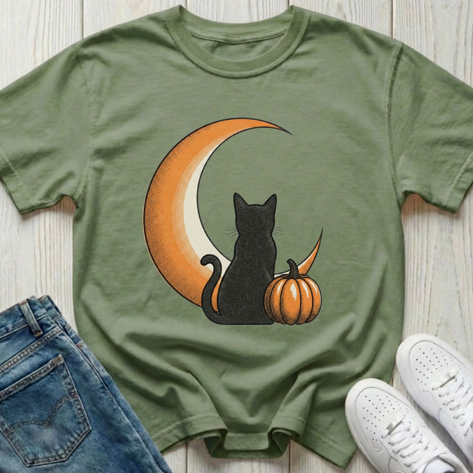 Black Cat with Pumpkin and Moon T-shirt