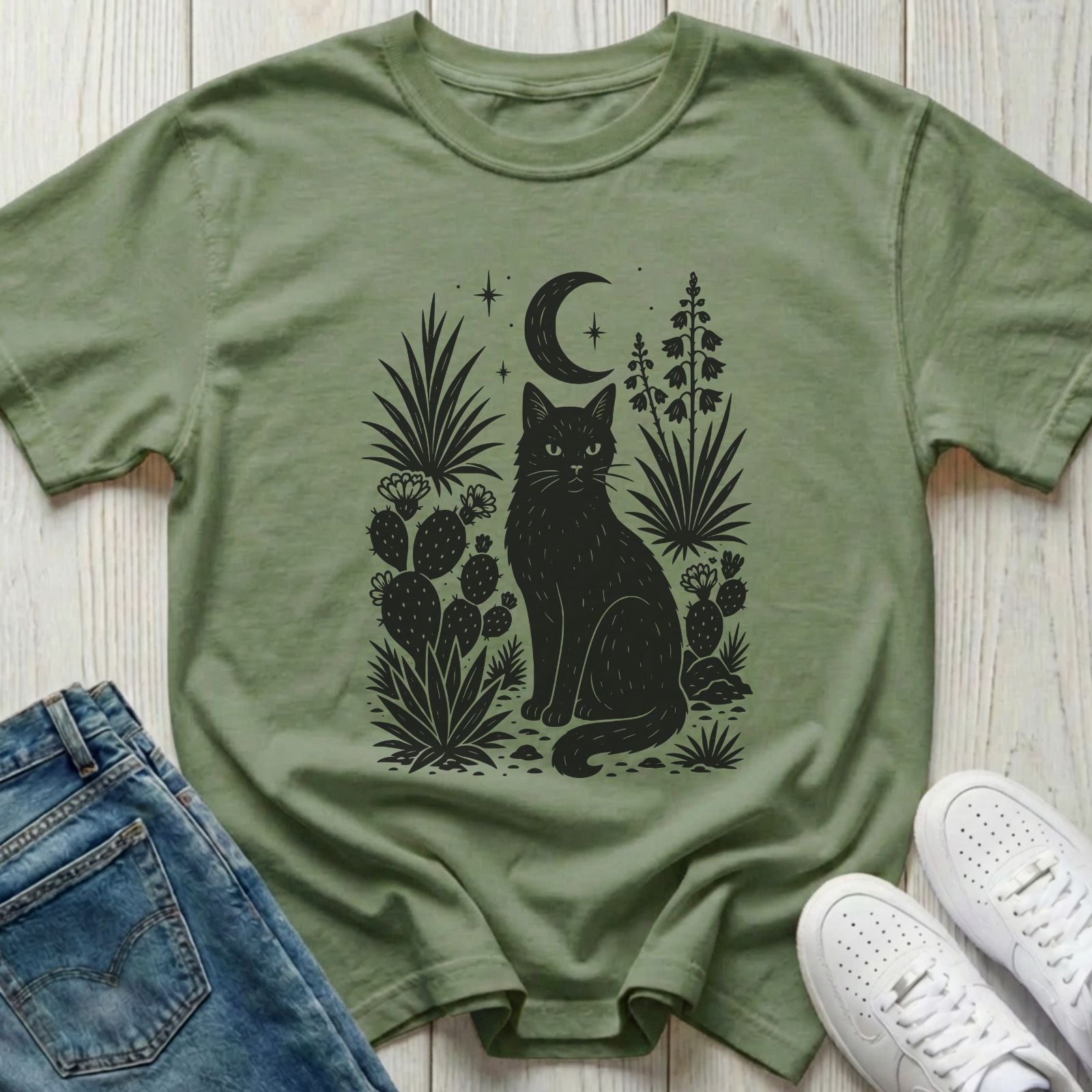Night Desert Witchy Cat T-shirt