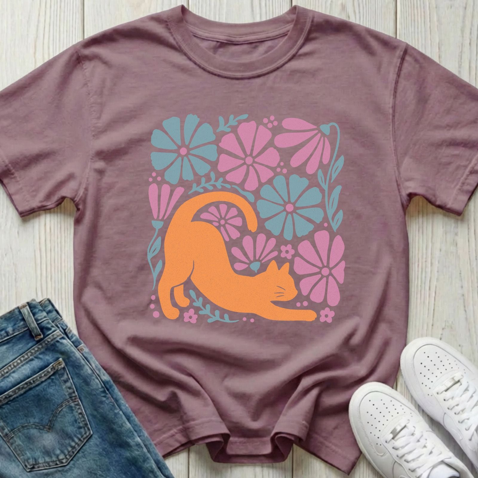 Orange Cat with Flowers T-shirt