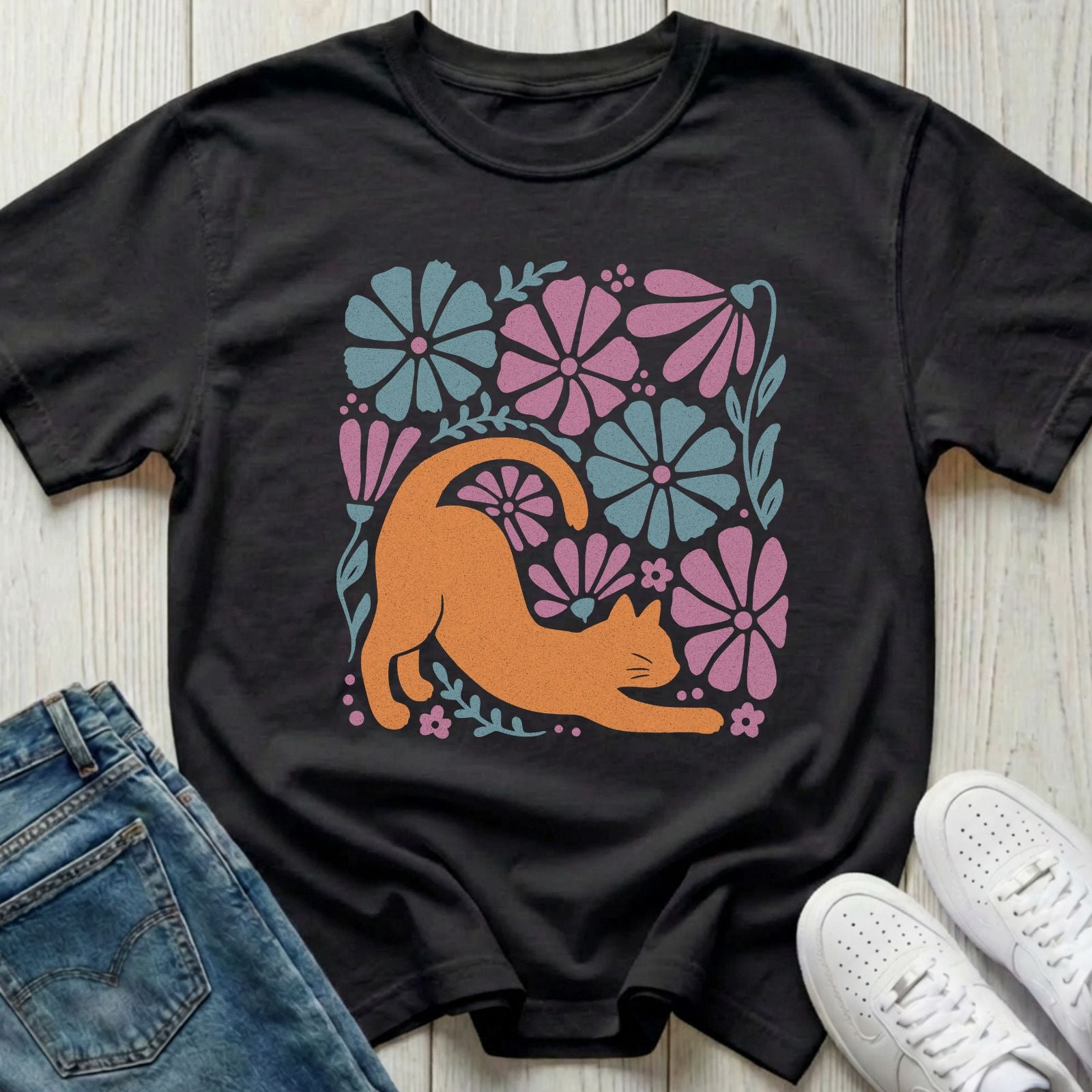Orange Cat with Flowers T-shirt
