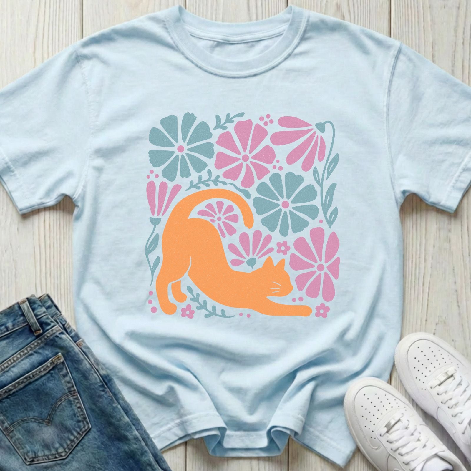 Orange Cat with Flowers T-shirt