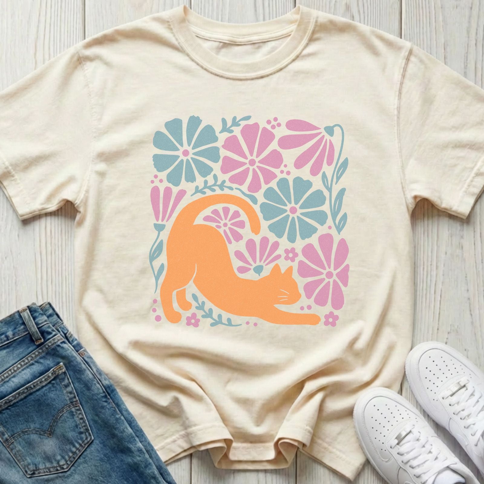 Orange Cat with Flowers T-shirt