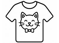 Outline of a t-shirt with a cat face design wearing a bow tie on a white background